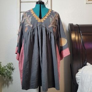 Easel Los Angeles Boho Embroidered Multicolor Gray Cotton Wide Sleeves Dress Lg